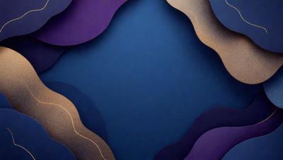The primary subject of the image is a blue background with a pattern of gold and purple shapes. The setting appears to be a dark room, and the visual style is a combination of digital art and illustration. The dominant colors are blue, gold, and purple, creating a mood of calmness and sophistication.