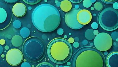 The primary subject of the image is a colorful, abstract design featuring a mix of blue, green, and yellow colors. The setting is a blue background, and the visual style appears to be a combination of digital art and illustration. The overall atmosphere is vibrant and lively, with the various shapes and colors creating a dynamic and engaging pattern.