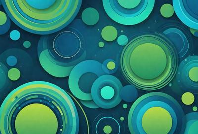 The primary subject of the image is a colorful, abstract design featuring a variety of circles and other shapes. The setting is a blue background, which adds to the overall visual style. The design appears to be a digital art or illustration, with a vibrant and lively atmosphere.