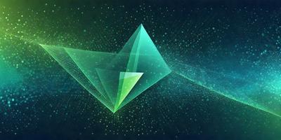 The primary subject of the image is a green geometric shape, which appears to be a three-dimensional object. The setting is a dark blue background, which contrasts with the green shape. The visual style is digital art, as the image is a close-up of the geometric shape, and the colors and mood are predominantly dark and moody, with the green shape being the main focal point.