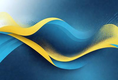 The primary subject of the image is a blue and yellow wave pattern. The setting is a blue background, and the visual style appears to be a digital art or illustration. The dominant colors are blue and yellow, creating a vibrant and energetic atmosphere.