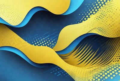 The primary subject of the image is a yellow and blue abstract art piece. The setting is a blue background, and the visual style appears to be a combination of digital art and illustration. The dominant colors are yellow and blue, creating a vibrant and lively atmosphere.