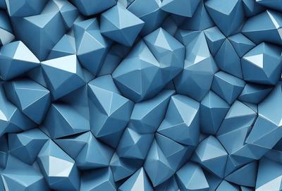 The primary subject of the image is a large blue wall filled with blue and white geometric shapes. The setting is a blue background, and the visual style appears to be a digital art or illustration. The dominant colors in the image are blue and white, creating a calm and soothing atmosphere.
