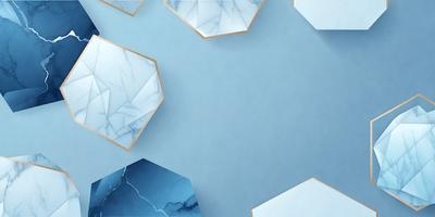 The primary subject of the image is a blue marble wall with a pattern of hexagonal shapes. The setting is a room with a blue background, and the visual style is a combination of photo and digital art. The dominant colors are blue and white, creating a calm and serene atmosphere.