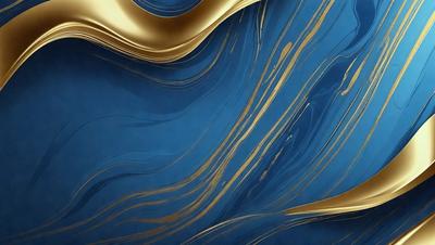 The primary subject of the image is a blue and gold swirling pattern, which appears to be a digital art or illustration. The setting is a blue background, and the visual style is a combination of digital art and illustration. The dominant colors are blue and gold, creating a sense of depth and richness in the artwork.
