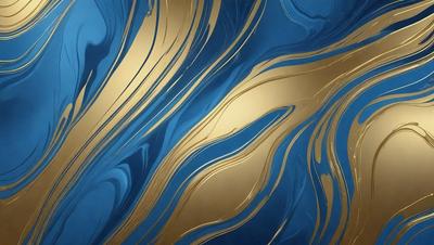 The primary subject of the image is a blue and gold swirling pattern, which appears to be a painting or a digital artwork. The setting is a wall, and the visual style is a combination of photo and digital art. The dominant colors are blue and gold, creating a sense of depth and richness in the artwork.
