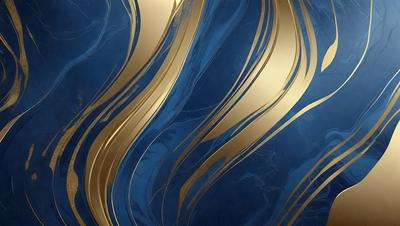 The primary subject of the image is a blue and gold patterned wallpaper. The setting is a room with a blue background, and the visual style is a digital art or illustration. The dominant colors are blue and gold, creating a calm and sophisticated atmosphere.