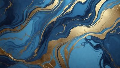 The primary subject of the image is a blue and gold marbled wallpaper with a gold and blue color scheme. The setting is a room with a blue background, and the visual style appears to be a patterned wallpaper. The colors and mood of the image are vibrant and luxurious, creating an elegant and sophisticated atmosphere.