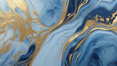 The primary subject of the image is a blue and gold swirling pattern, which appears to be a painting or a digital artwork. The setting is a blue background, and the visual style is a combination of digital art and painting. The dominant colors are blue and gold, creating a sense of depth and richness in the artwork.
