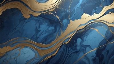 The primary subject of the image is a blue and gold swirling pattern, which appears to be a painting or a digital artwork. The setting is a blue and gold background, which complements the swirling pattern. The visual style is a combination of painting and digital art, creating a unique and eye-catching design. The colors and mood of the image are predominantly blue and gold, giving it a warm and vibrant atmosphere.