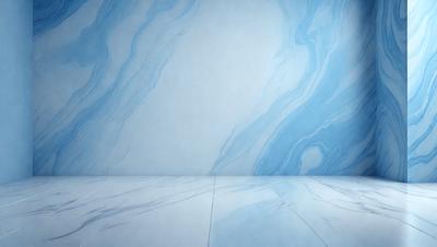 The primary subject of the image is a large, blue marble wall. The setting is a room with a white floor, and the visual style is a photo. The dominant colors are blue and white, creating a calm and serene atmosphere.