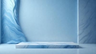 The primary subject of the image is a marble bench, which is the main object in the scene. The setting is a blue wall, and the visual style is a photo. The colors in the image are predominantly blue, creating a calm and serene atmosphere.