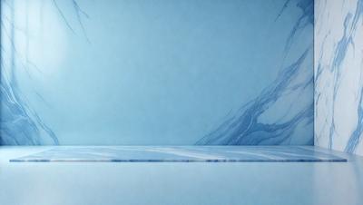 The primary subject of the image is a painting of a marble wall. The setting is a blue background, and the visual style appears to be a digital art or illustration. The colors and mood of the painting are predominantly blue, creating a calm and serene atmosphere.
