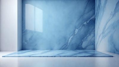 The primary subject of the image is a marble bathroom counter. The setting is a bathroom with a window, and the visual style is a digital art or illustration. The colors and mood of the image are predominantly blue, creating a calm and serene atmosphere.