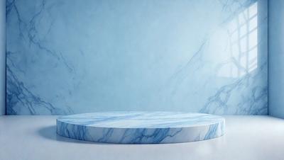 The primary subject of the image is a marble tabletop. The table is placed on a white surface, which serves as the background. The visual style of the image is a photo, showcasing the marble tabletop and its surroundings. The colors and mood of the image are predominantly blue, giving it a calm and sophisticated atmosphere.