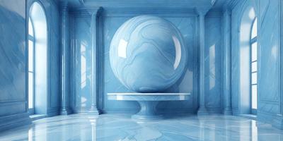 The primary subject of the image is a large, blue, marble sphere. The setting is a room with a blue marble wall, and the visual style appears to be a digital art or illustration. The colors and mood of the image are predominantly blue, creating a calm and serene atmosphere.