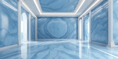 The primary subject of the image is a large, blue marble wall with a patterned design. The setting is a room with a blue marble floor, and the visual style appears to be a photo. The colors and mood of the image are predominantly blue, creating a calm and serene atmosphere.