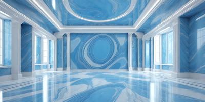 The primary subject of the image is a large, blue, swirling pattern on the wall. The setting is a room with a blue and white color scheme. The visual style appears to be a combination of a photo and digital art, creating a unique and eye-catching design. The dominant colors are blue and white, with the blue swirls and white walls creating a calming and visually appealing atmosphere.
