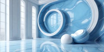 The primary subject of the image is a large, blue marble wall with a white and blue design. The setting is a room with a blue marble floor, and the visual style is a photo. The colors and mood of the image are predominantly blue and white, creating a calm and serene atmosphere.