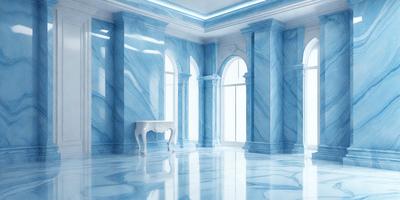The primary subject of the image is a large, open, and empty room with a blue marble floor. The room features a white table and a chair, giving it a clean and minimalist appearance. The setting is a large, blue-tiled room with a blue marble floor, which adds a sense of luxury and sophistication to the space. The visual style of the image is a combination of photo and digital art, creating a realistic yet artistic representation of the room. The colors and mood of the image