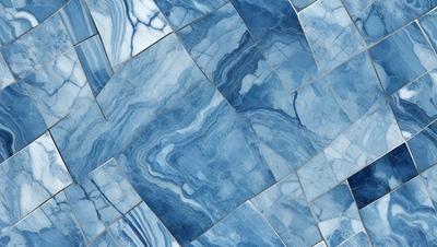 The primary subject of the image is a blue and white marble tile. The setting is a blue and white marble tile wall, which serves as the background. The visual style is a close-up of the tile, showcasing its intricate design. The dominant colors are blue and white, creating a calm and serene atmosphere.
