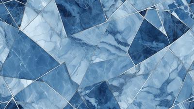 The primary subject of the image is a blue marble tile with a pattern of triangles. The setting is a bathroom, and the visual style is a close-up of the tile. The dominant colors are blue and white, creating a calm and soothing atmosphere.