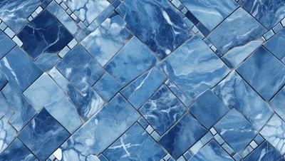 The primary subject of the image is a blue and white tile pattern. The setting is a blue and white tile wall, which serves as the backdrop for the pattern. The visual style is a close-up of the tile pattern, showcasing the intricate design. The dominant colors are blue and white, creating a calm and soothing atmosphere.