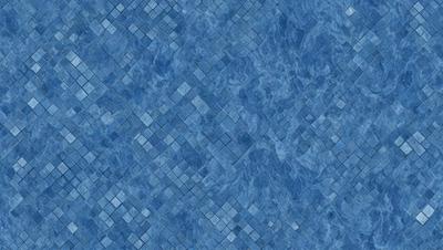 The primary subject of the image is a blue tile floor with a pattern of blue squares. The setting is a room with a blue wall, and the visual style is a close-up of the tile floor. The colors and mood of the image are predominantly blue, creating a calm and serene atmosphere.