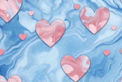 The primary subject of the image is a collection of hearts, which are pink and blue in color. These hearts are placed on a blue and white marbled surface, creating a visually appealing and harmonious scene. The hearts are arranged in various positions, with some overlapping and others standing alone. The overall atmosphere of the image is warm and inviting, with the hearts symbolizing love and affection.