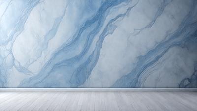 The primary subject of the image is a large, blue marble wall with a pattern of waves. The setting is a room with a white floor, and the visual style is a photo. The dominant colors are blue and white, creating a calm and serene atmosphere.