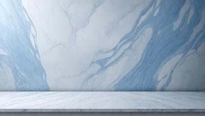 The primary subject of the image is a marble countertop with a blue and white marble design. The setting is a room with a blue and white marble wall, which complements the countertop. The visual style is a combination of a photo and a drawing, creating a unique and artistic representation of the marble countertop and wall. The colors and mood of the image are predominantly blue and white, giving it a clean and elegant appearance.