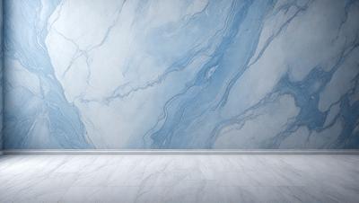 The primary subject of the image is a marble wall with a blue and white pattern. The setting is a room with a white floor, and the visual style is a photo. The dominant colors are blue and white, creating a calm and elegant atmosphere.
