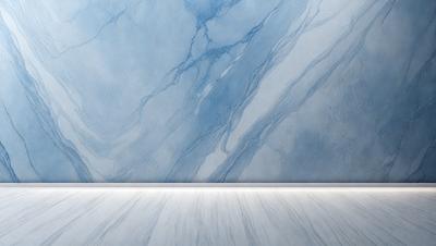The primary subject of the image is a marble wall with a blue and white color scheme. The setting is a room with a white floor, and the visual style is a painting or drawing. The colors and mood of the image are predominantly blue and white, creating a calm and elegant atmosphere.