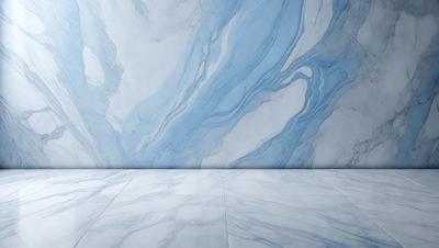 The primary subject of the image is a marble tile floor with a blue and white marble pattern. The setting is a room with a blue and white marble wall, which complements the floor. The visual style is a photo of the floor and wall, showcasing the intricate design and texture of the marble. The colors and mood of the image are predominantly blue and white, creating a clean and elegant atmosphere.