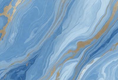 The primary subject of the image is a blue and gold marbled wallpaper. The setting is a room with a blue and gold marbled wallpapered wall. The visual style is a painting, and the colors and mood are vibrant and elegant.