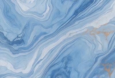 The primary subject of the image is a blue and white marbled tile. The setting is a bathroom, as indicated by the presence of a sink. The visual style is a close-up of the tile, showcasing its intricate design. The dominant colors are blue and white, creating a calm and soothing atmosphere.