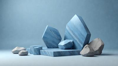 The primary subject of the image is a collection of blue and white rocks, which are arranged in a visually appealing manner. The setting is a blue background, which provides a striking contrast to the rocks. The visual style of the image is a combination of photo and digital art, creating a unique and artistic representation of the rocks. The dominant colors in the image are blue and white, giving the scene a calming and serene atmosphere.