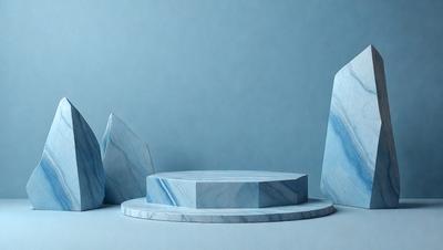 The primary subject of the image is a large, round, blue marble table. The table is placed on a white surface, which serves as the background. The visual style of the image is a photo, showcasing the marble table and its unique blue color. The colors and mood of the image are predominantly blue, creating a calm and serene atmosphere.