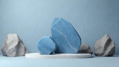 The primary subject of the image is a group of three blue rocks, which are placed on a white pedestal. The setting is a blue background, which creates a contrasting and visually appealing scene. The visual style of the image is a combination of photo and digital art, giving it a unique and artistic appearance. The dominant colors in the image are blue and white, creating a calm and serene atmosphere.
