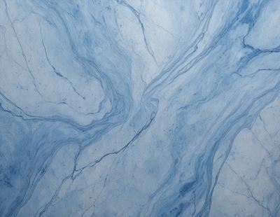 The primary subject of the image is a blue marble tile with a swirling pattern. The setting is a bathroom, and the visual style is a close-up of the tile. The dominant colors are blue and white, creating a calm and soothing atmosphere.