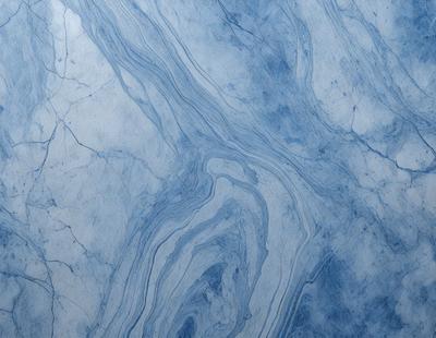 The primary subject of the image is a blue marble countertop with a patterned design. The setting is a kitchen or bathroom counter, and the visual style is a close-up of the countertop. The dominant colors are blue and white, creating a calm and soothing atmosphere.