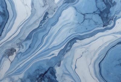 The primary subject of the image is a blue marble tile with a pattern of swirls and waves. The setting is a bathroom, as indicated by the presence of the marble tile. The visual style is a close-up of the tile, showcasing its intricate design. The dominant colors are blue and white, creating a calm and soothing atmosphere.