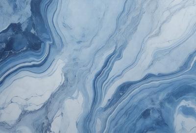 The primary subject of the image is a blue and white marbled surface, which appears to be a piece of art or a decorative item. The setting is a room with a blue and white color scheme, which complements the artwork. The visual style is a close-up of the marbled surface, showcasing its intricate patterns and textures. The colors and mood of the image are predominantly blue and white, creating a serene and elegant atmosphere.