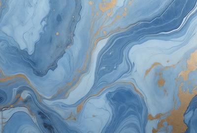 The primary subject of the image is a blue and gold marbled wallpaper. The setting is a room with a blue and gold marbled wallpapered wall. The visual style is a close-up of the wallpaper, showcasing its intricate design. The colors and mood of the image are predominantly blue and gold, creating a warm and elegant atmosphere.