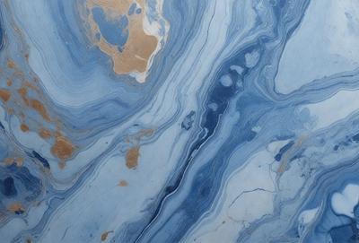 The primary subject of the image is a blue and white marbled stone. The setting is a close-up of the marbled stone, showcasing its unique pattern and texture. The visual style is a natural, earthy look, as the stone appears to be a natural formation rather than a digital or artificial creation. The colors and mood of the image are predominantly blue and white, with a sense of calmness and serenity.