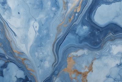 The primary subject of the image is a blue and gold marbled stone. The setting is a close-up of the marbled stone, showcasing its intricate patterns and colors. The visual style is a detailed, up-close representation of the stone. The dominant colors are blue and gold, creating a rich and luxurious atmosphere.