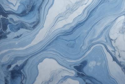 The primary subject of the image is a blue and white marble tile. The setting is a bathroom, with the marble tile covering the walls and floor. The visual style is a close-up of the tile, showcasing its intricate patterns and textures. The dominant colors are blue and white, creating a calm and soothing atmosphere.