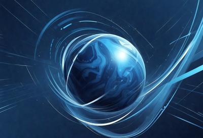 The primary subject of the image is a blue, swirling, and curved ball, which appears to be a digital art or illustration. The setting is a dark blue background, and the visual style gives the impression of a futuristic or space-themed scene. The colors and mood of the image are predominantly dark and moody, with the blue ball being the main focal point.