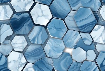 The primary subject of the image is a blue and white marble pattern. The setting is a blue and white marble tile, which serves as the background. The visual style is a close-up of the marble tile, showcasing the intricate pattern. The colors and mood of the image are predominantly blue and white, creating a clean and elegant atmosphere.