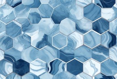 The primary subject of the image is a blue and white patterned tile. The setting is a blue and white tiled surface, which serves as the background. The visual style is a close-up of the tiled surface, showcasing the intricate design. The dominant colors are blue and white, creating a calm and soothing atmosphere.